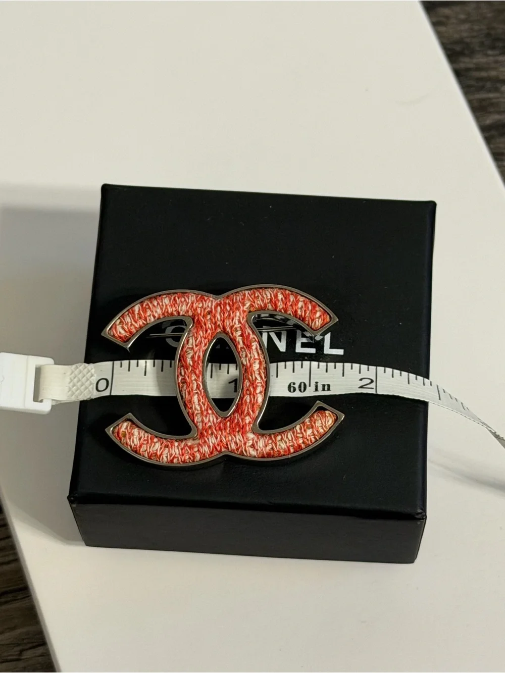 CHANEL Coral Tweed CC Statement Brooch